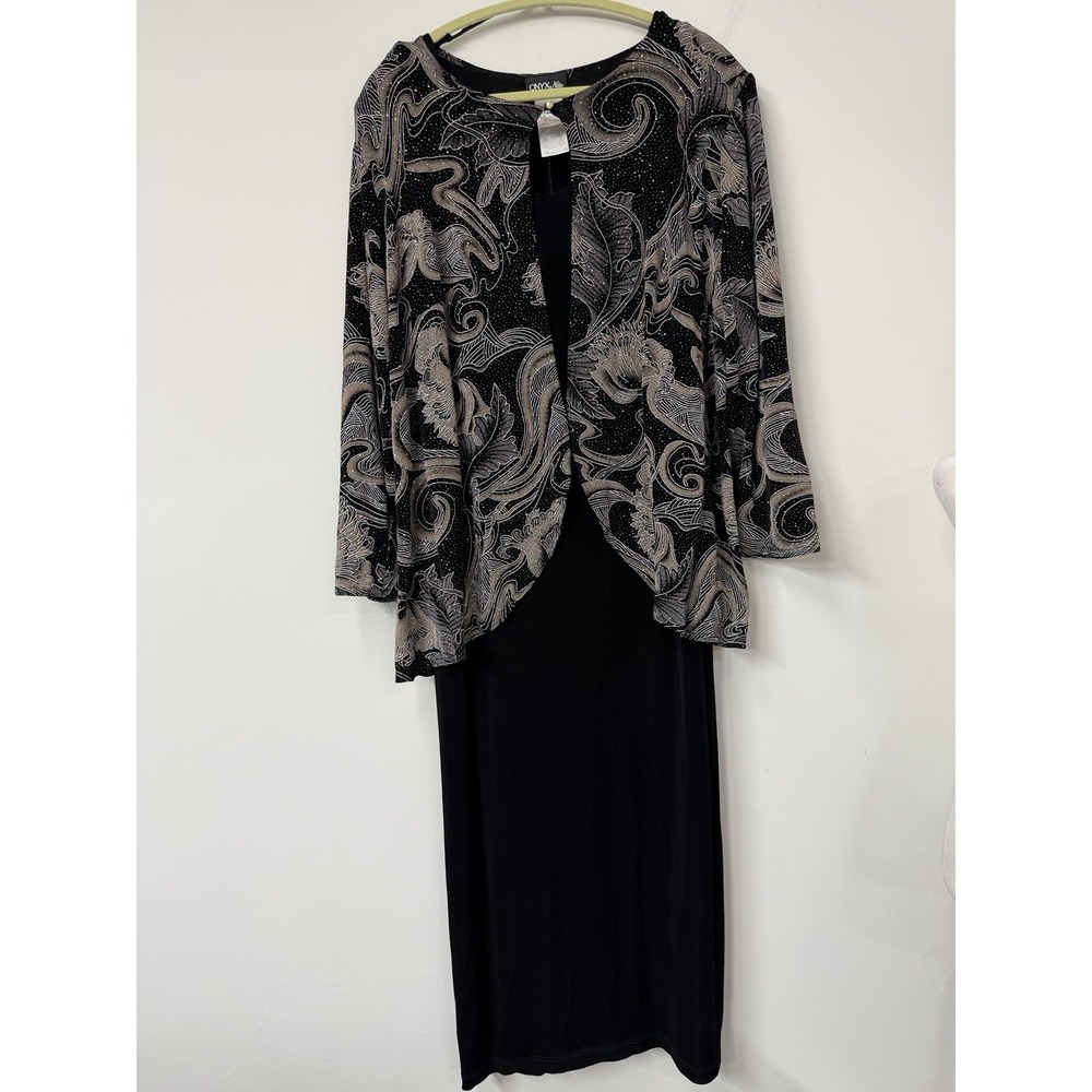 Vtg Onyx Nite By Wendy Chaitin Black Knit Gold Glitter 2 Piece Long Dress Suit
